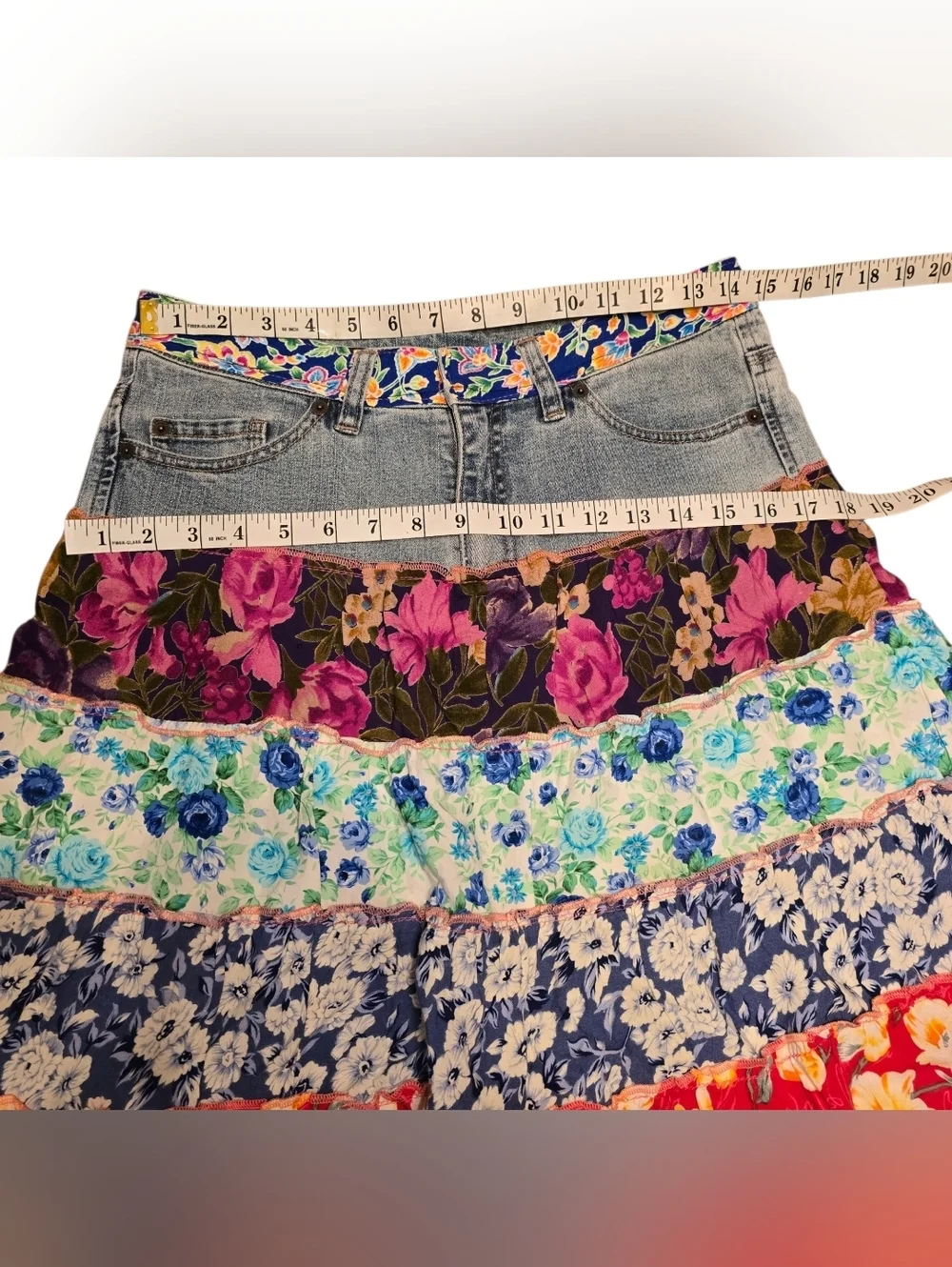 Sacred Threads Vintage Boho Denim Floral Tiered Maxi Skirt 30